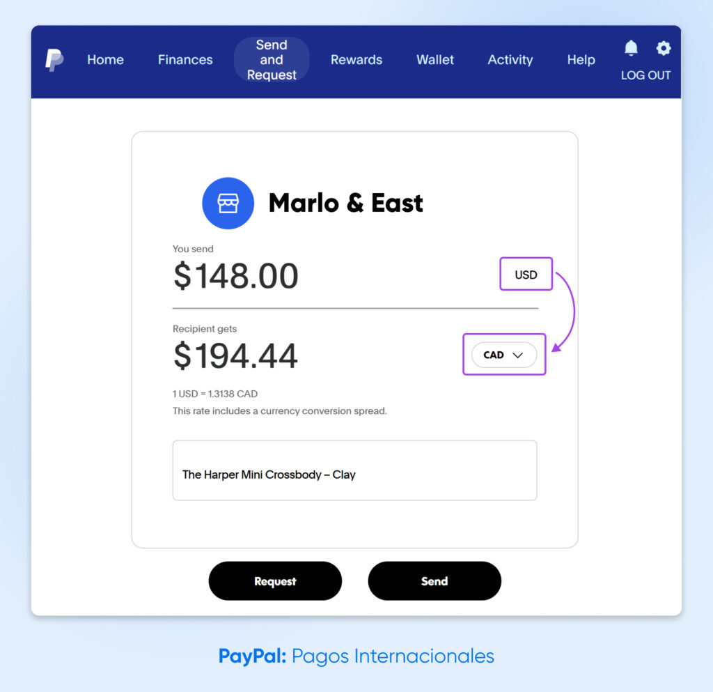 Pantalla de envío de PayPal que muestra $148 USD convertidos en $194.44 CAD para una compra de producto, con la tasa de conversión y los detalles del artículo mostrados antes de enviar.