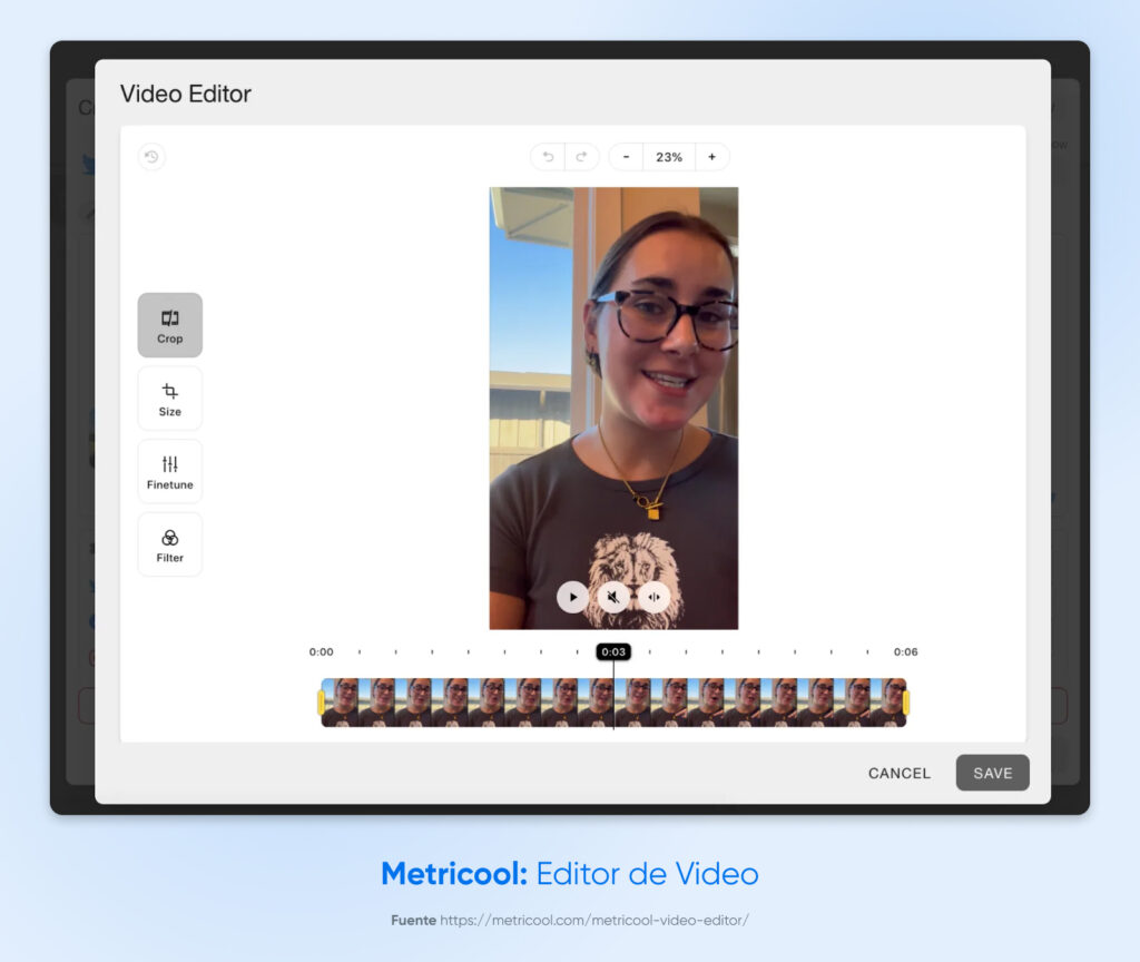 Interfaz del editor de video de Metricool que muestra una línea de tiempo de video vertical con controles de reproducción y opciones de edición como Recortar, Tamaño, Ajustar y Filtro en el lado izquierdo.