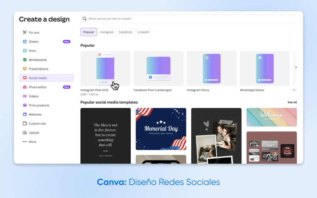 La sección de Redes Sociales de Canva con plantillas prediseñadas y tamaños de publicaciones para plataformas como Instagram, Facebook y WhatsApp, facilitando un diseño de contenido rápido y sencillo.