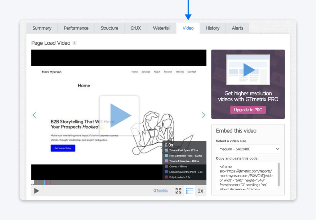 Pestaña de Video que muestra la reproducción de todo el proceso de carga de la página con marcas de tiempo para métricas clave como TTFB, FCP, TTI, onload, LCP y el tiempo de carga completa.