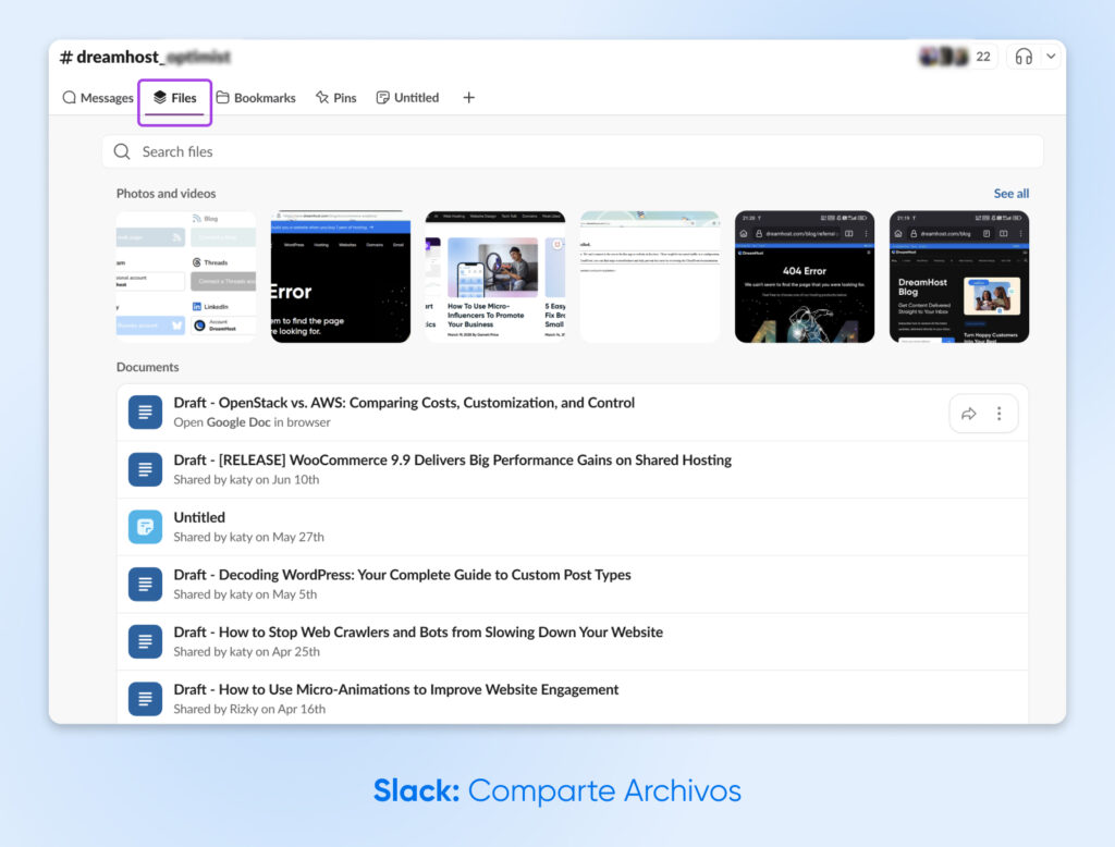 Pestaña de archivos en un canal de Slack que muestra documentos compartidos, borradores y capturas de pantalla para el acceso y la colaboración del equipo en proyectos de contenido y web.