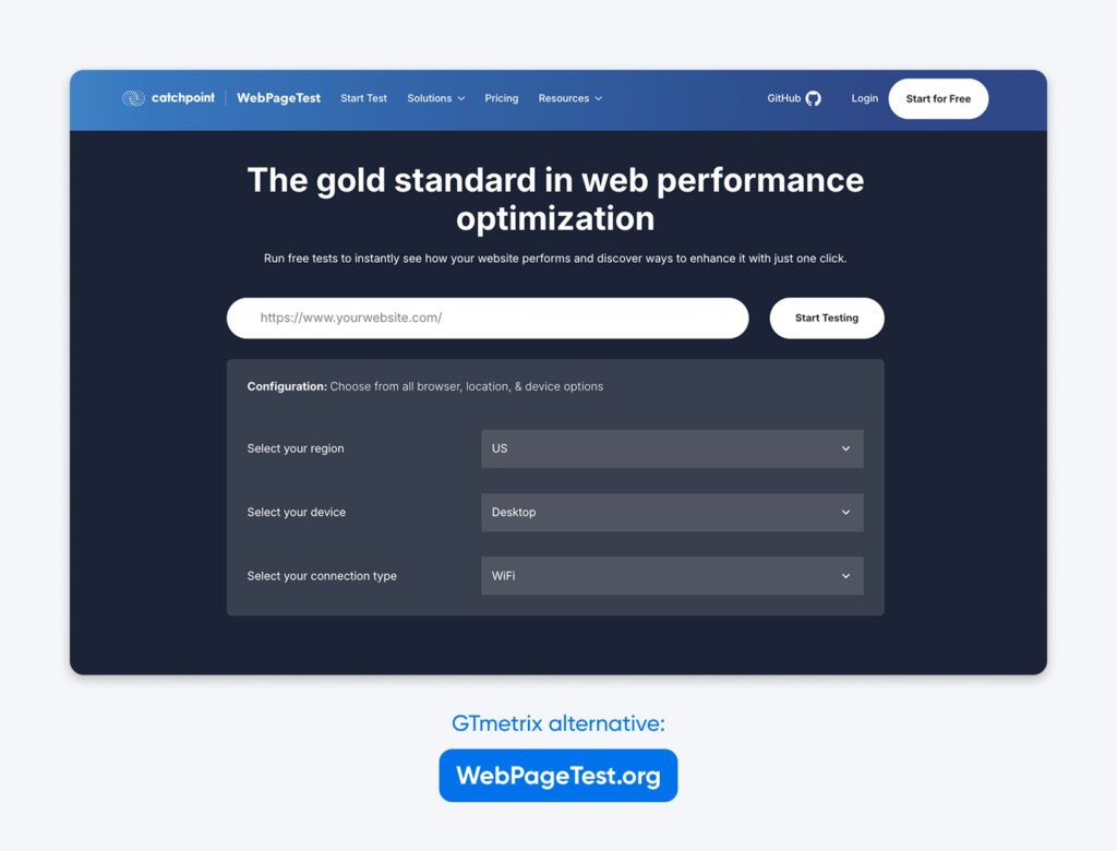 Screenshot of the WebPageTest homepage showing a website URL input field, region/device/connection options, and a callout labeling it as a GTmetrix alternative.