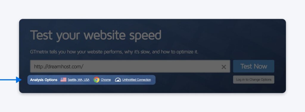 Selected GTmetrix analysis options showing Seattle location, Chrome browser, and an unthrottled connection.