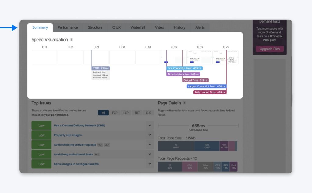 Speed Visualization tab in GTmetrix showing key load milestones like TTFB, First Contentful Paint, and Fully Loaded Time.