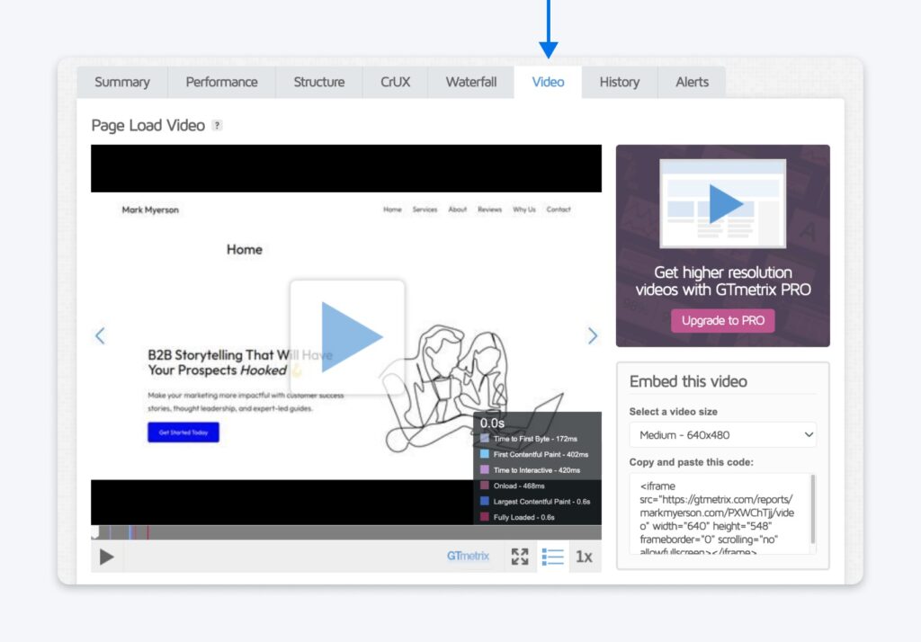 Video tab showing a playback of the entire page-load process with timestamps for key metrics like TTFB, FCP, TTI, onload, LCP, and fully loaded time.