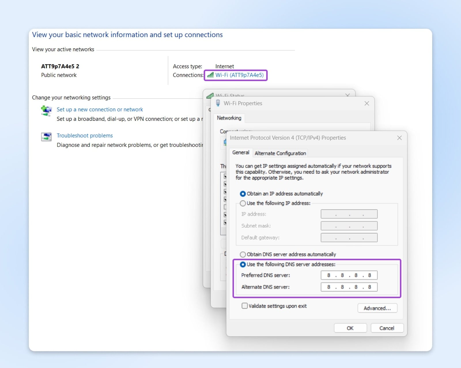 A screen-to-screen flow of the workflow to reset the DNS server in windows