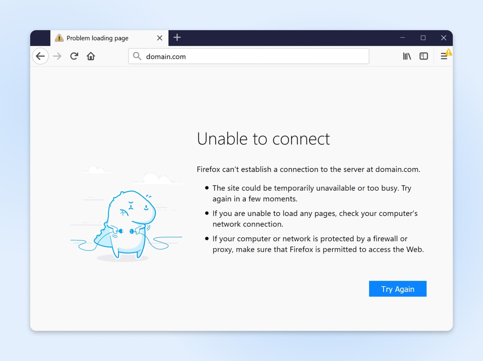 screenshot of a "unable to connect" error in Mozilla 
