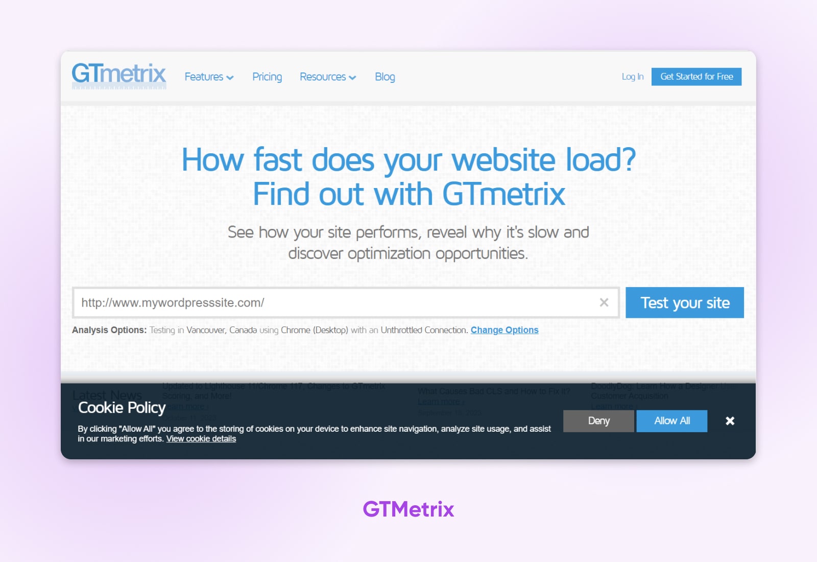 Screenshot of the GTmetrix homepage