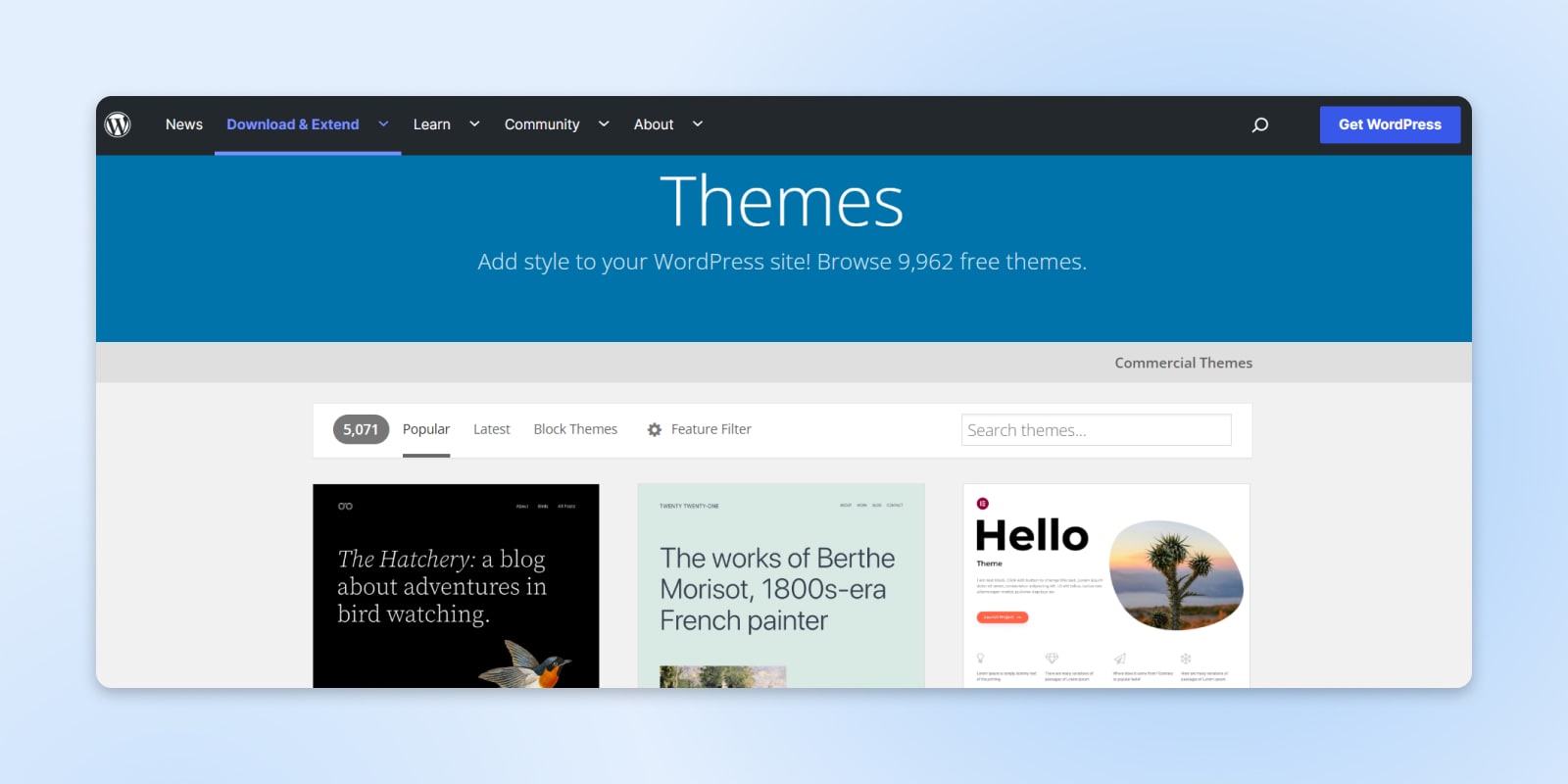 screenshot of the wordpress themes main view with three theme options displayed 
