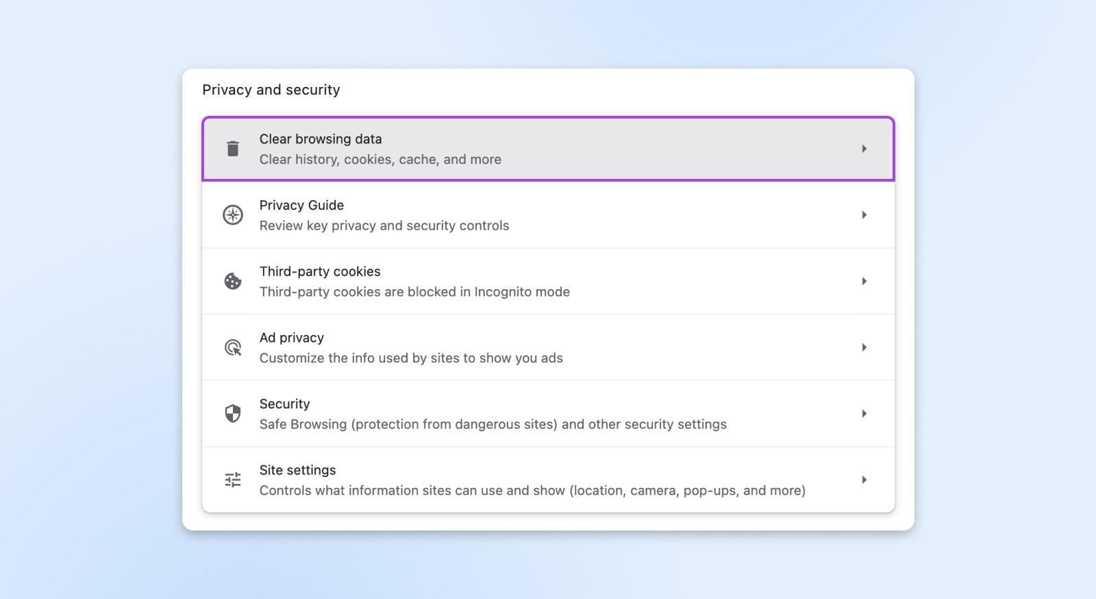 close up of the privacy and security settings box we saw before, but this time with "Clear browsing data" highlighted