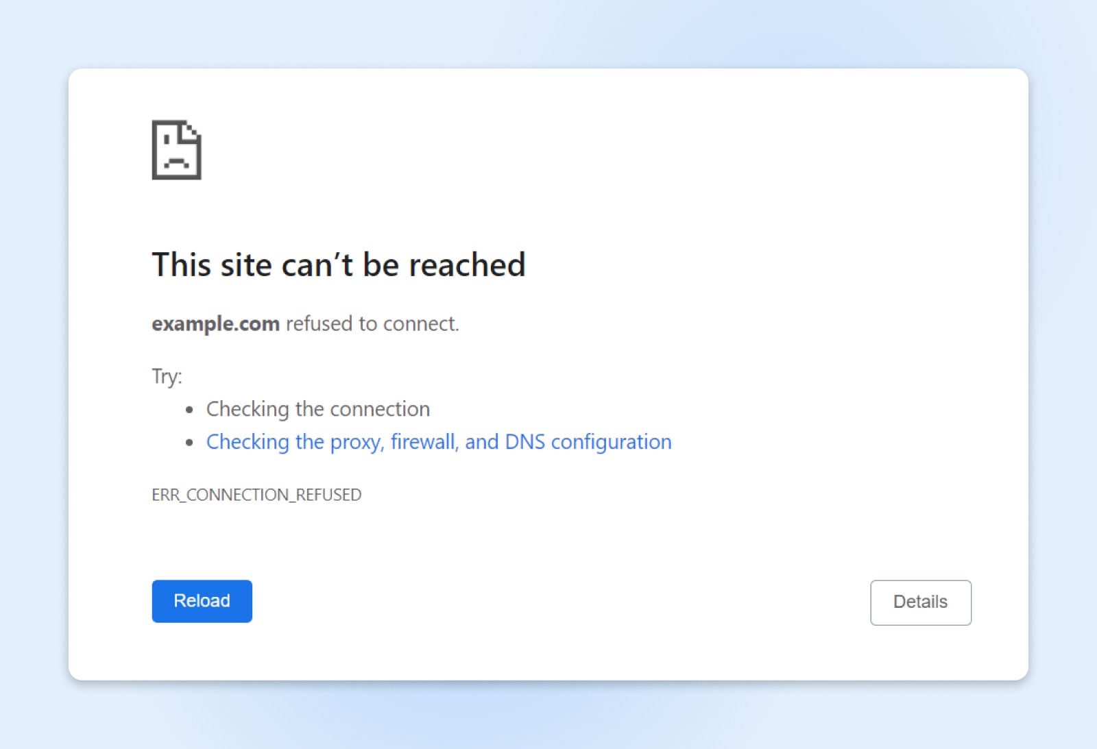 screenshot of a "this site can't be reached" error in Google