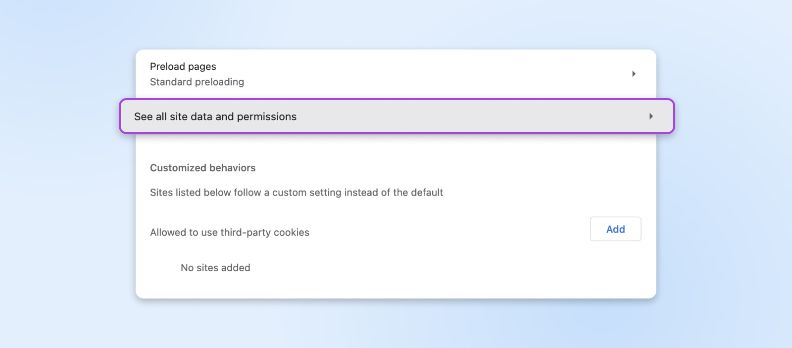 close up of the third party menu cookies options calling attention to the option to "See all site data and permissions" 