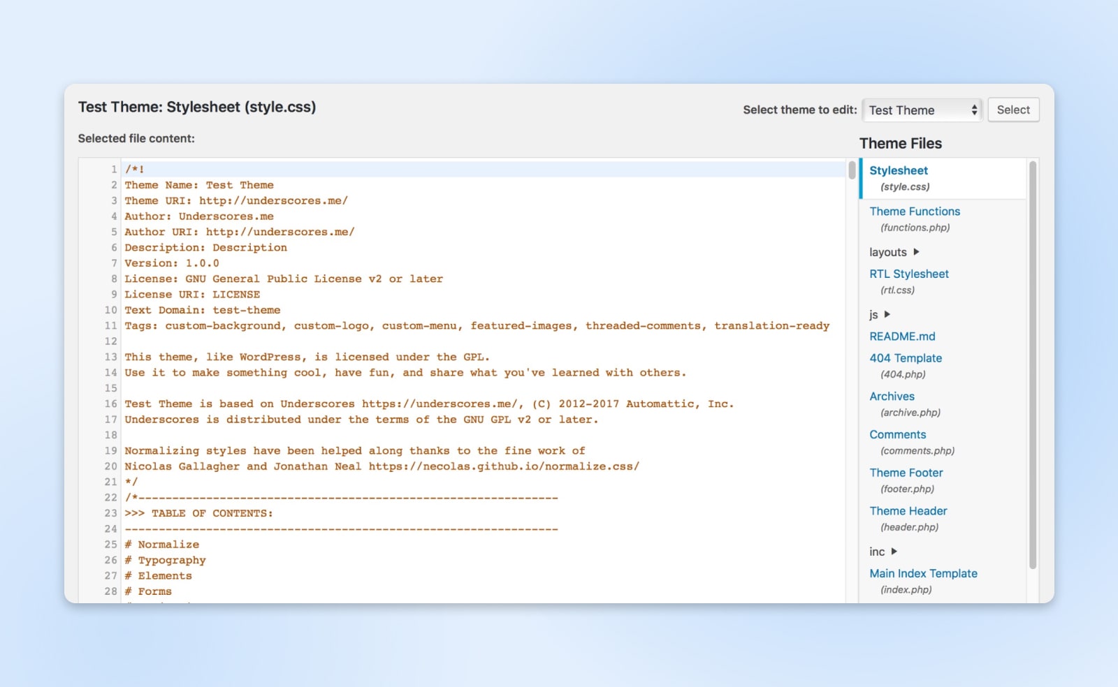 editing the CSS stylesheet of a new custom WordPress theme