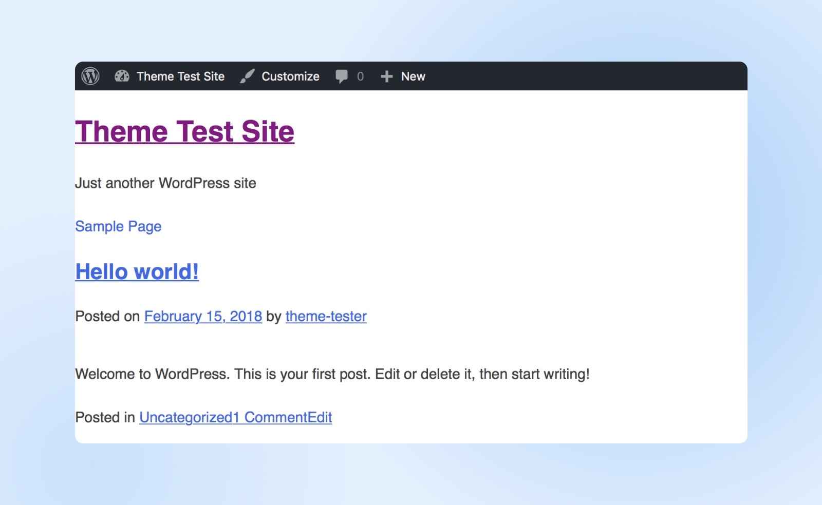Theme Test Site showing blue hyperlinks on the page including "Hello word" and "theme-tester" 