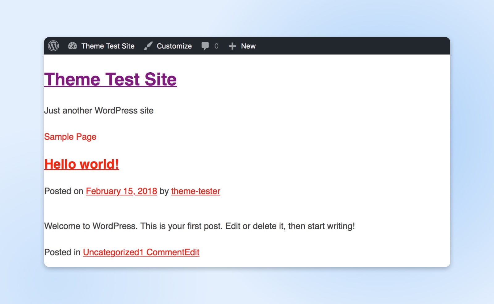 the same Theme Test Site now showing "Hello World" and "theme-tester" hyperlinks in red 