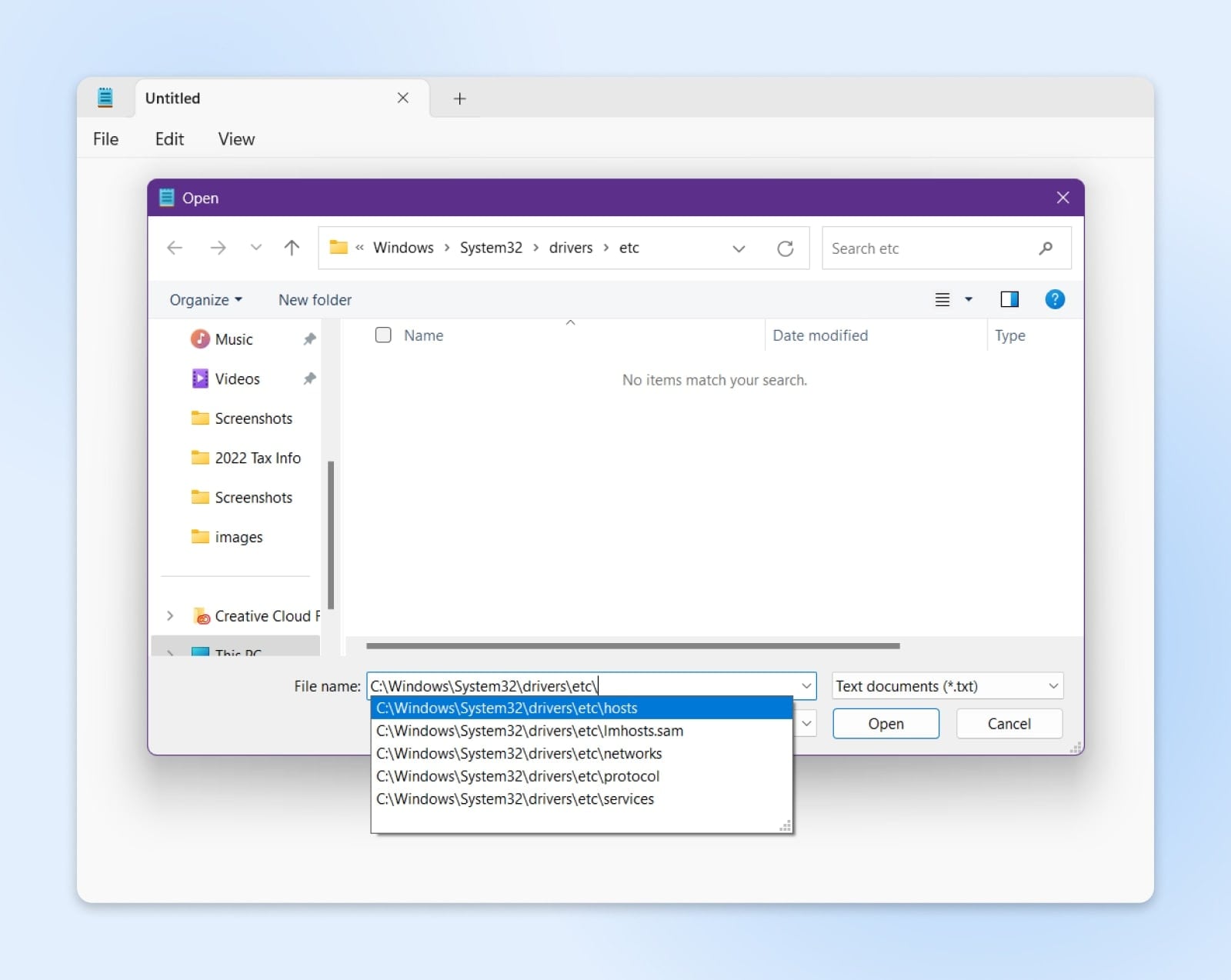 screenshot of the notepad open file, file name location of hosts files in Windows