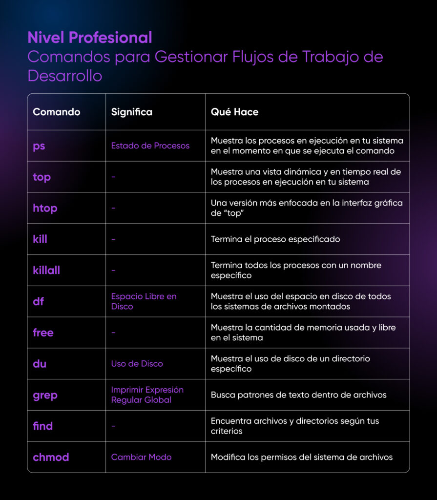 Tabla de comandos de nivel profesional para desarrolladores con sus prompts, significados y funciones, incluyendo ps, top, htop, kill, killall, df, free, du, grep, find y chmod.