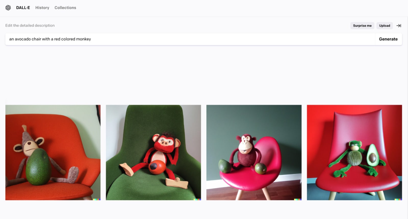 screenshot of DALL-E output showing four different images of a monkey sitting on a chair with an avocado