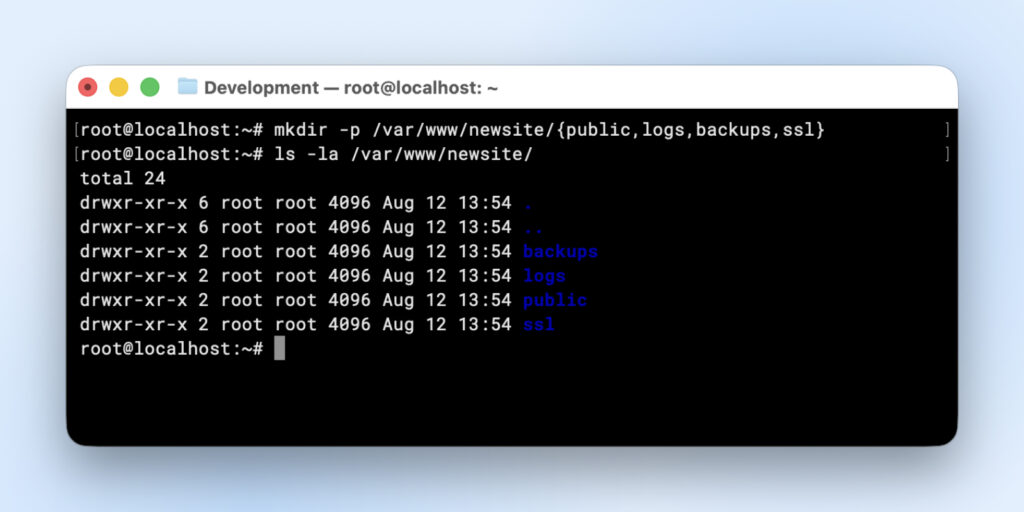 Terminal mostrando la creación de /var/www/newsite con los subdirectorios backups, logs, public y ssl listados en la salida.