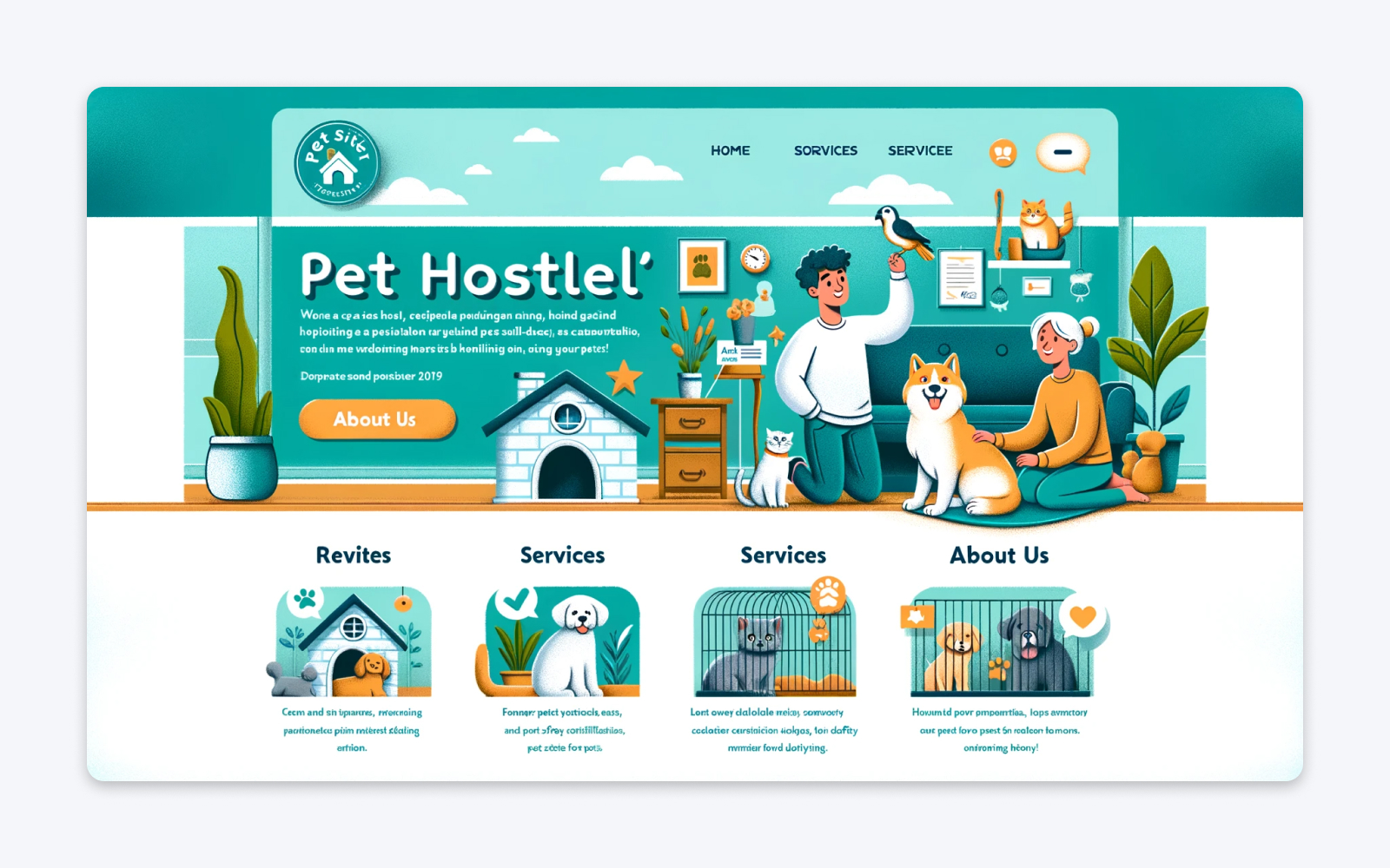 Un diseño de página de inicio para mi guardería de mascotas llamada Pet Hostel