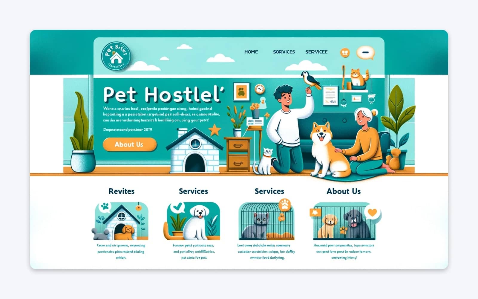 DALL-E generated mock up of a website homepage picturing an illustration of a living room with man holding a bird, a woman petting a dog, and a couple cats titled Pet Hostelel'