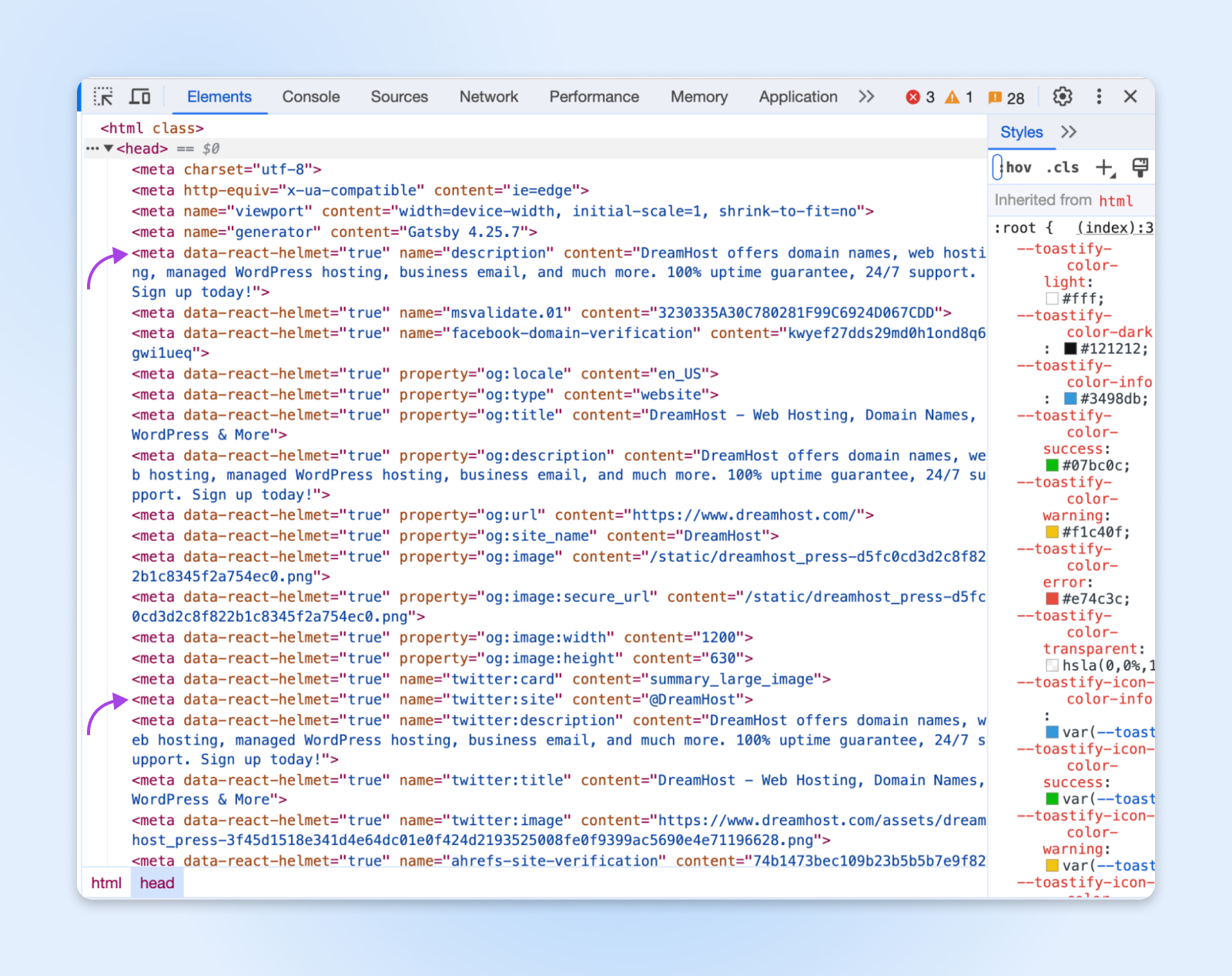 Datos SEO visibles con la herramienta inspeccionar elemento