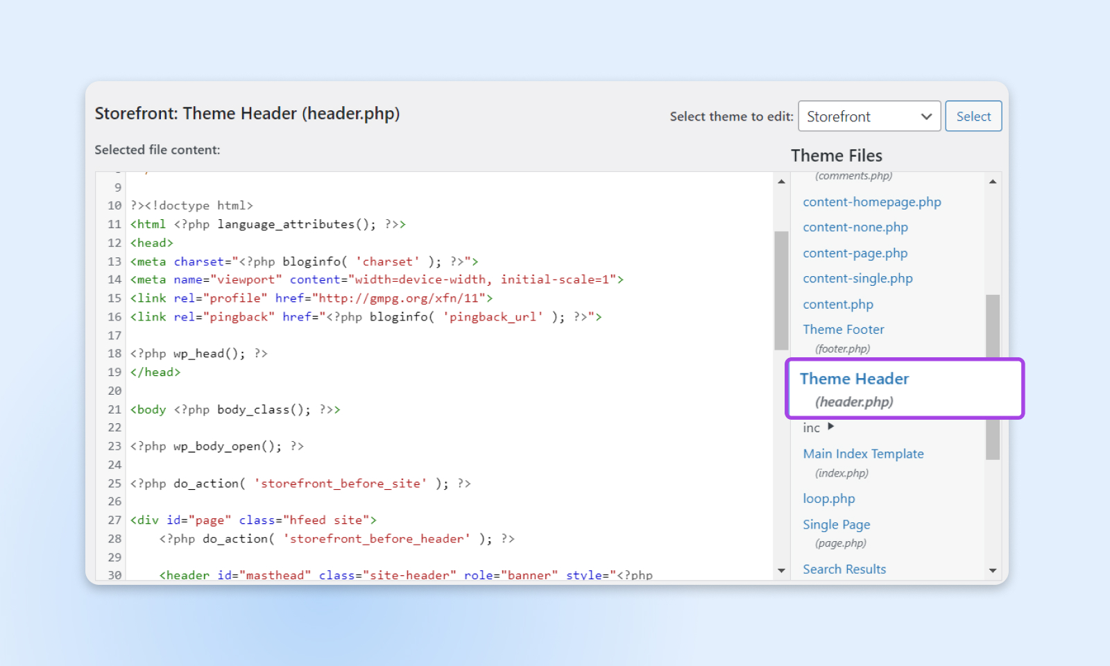 Código HTML, encabezado de un tema WordPress