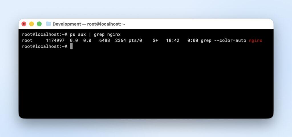 Terminal mostrando la salida de ps aux | grep nginx, listando solo el propio comando grep, sin encontrarse ningún proceso activo de nginx.