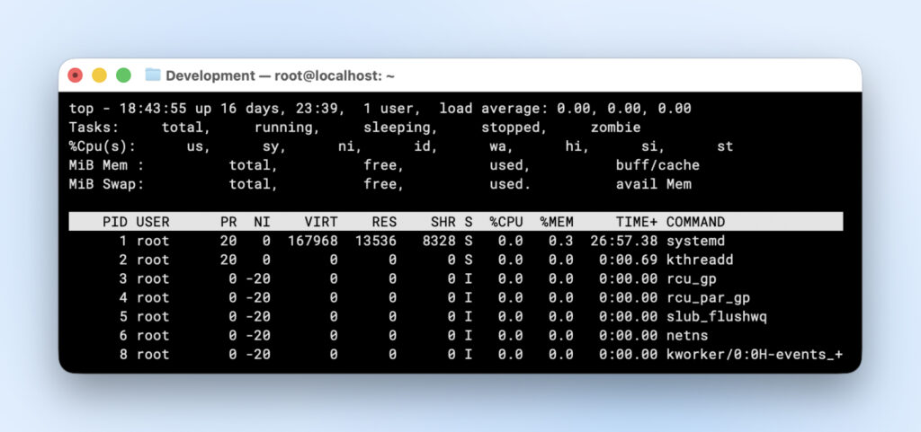 Terminal mostrando la salida del comando top con un tiempo de actividad del sistema de 16 días, un promedio de carga de 0.00 y procesos de root que incluyen systemd, kthreadd y tareas rcu.