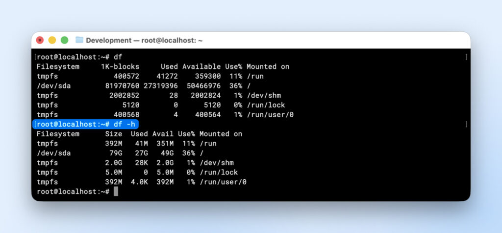 Terminal mostrando la salida de df -h con el sistema de archivos raíz /dev/sda con 79G en total, 27G usados, 49G disponibles, 36% de uso, además de entradas tmpfs con uso mínimo.