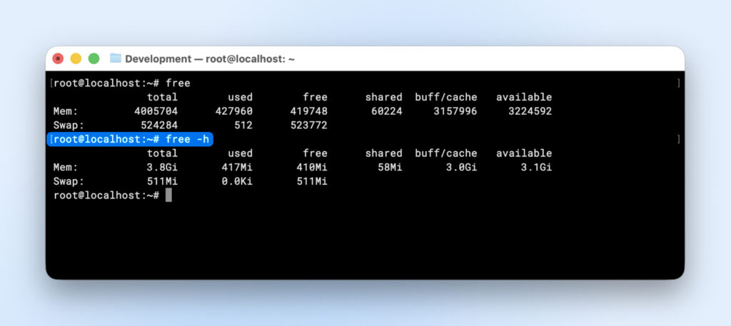 Terminal mostrando la salida de free -h con 3.8 Gi de memoria total, 417 Mi usados, 410 Mi libres, 3.0 Gi en buff/cache y 3.1 Gi disponibles, además de 511 Mi de swap libre.