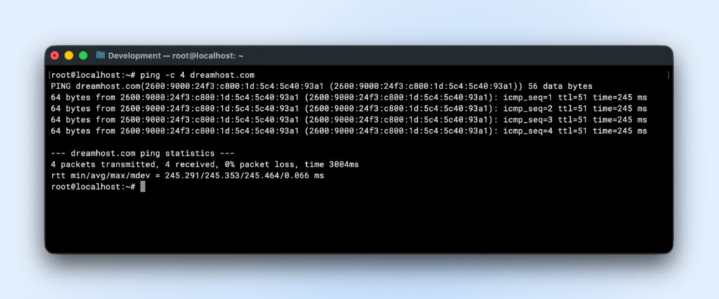 Terminal mostrando una prueba de ping a dreamhost.com con 4 paquetes transmitidos y recibidos, 0% de pérdida de paquetes y un tiempo promedio de ida y vuelta de 245 ms.