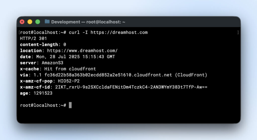 Terminal showing curl header request to dreamhost.com returning HTTP 301 redirect to https://www.dreamhost.com/ with server AmazonS3 via CloudFront