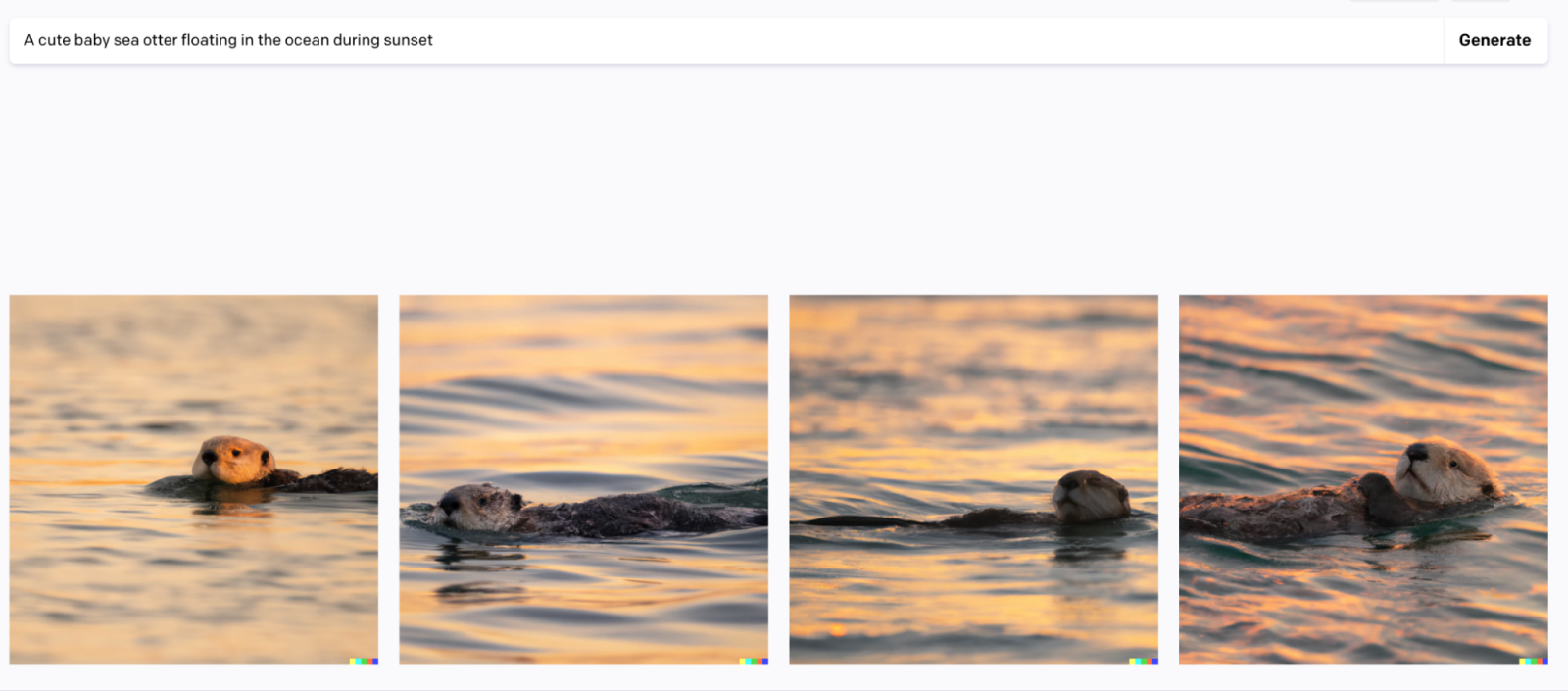 una linda cría de nutria marina flotando en el océano durante la puesta de sol