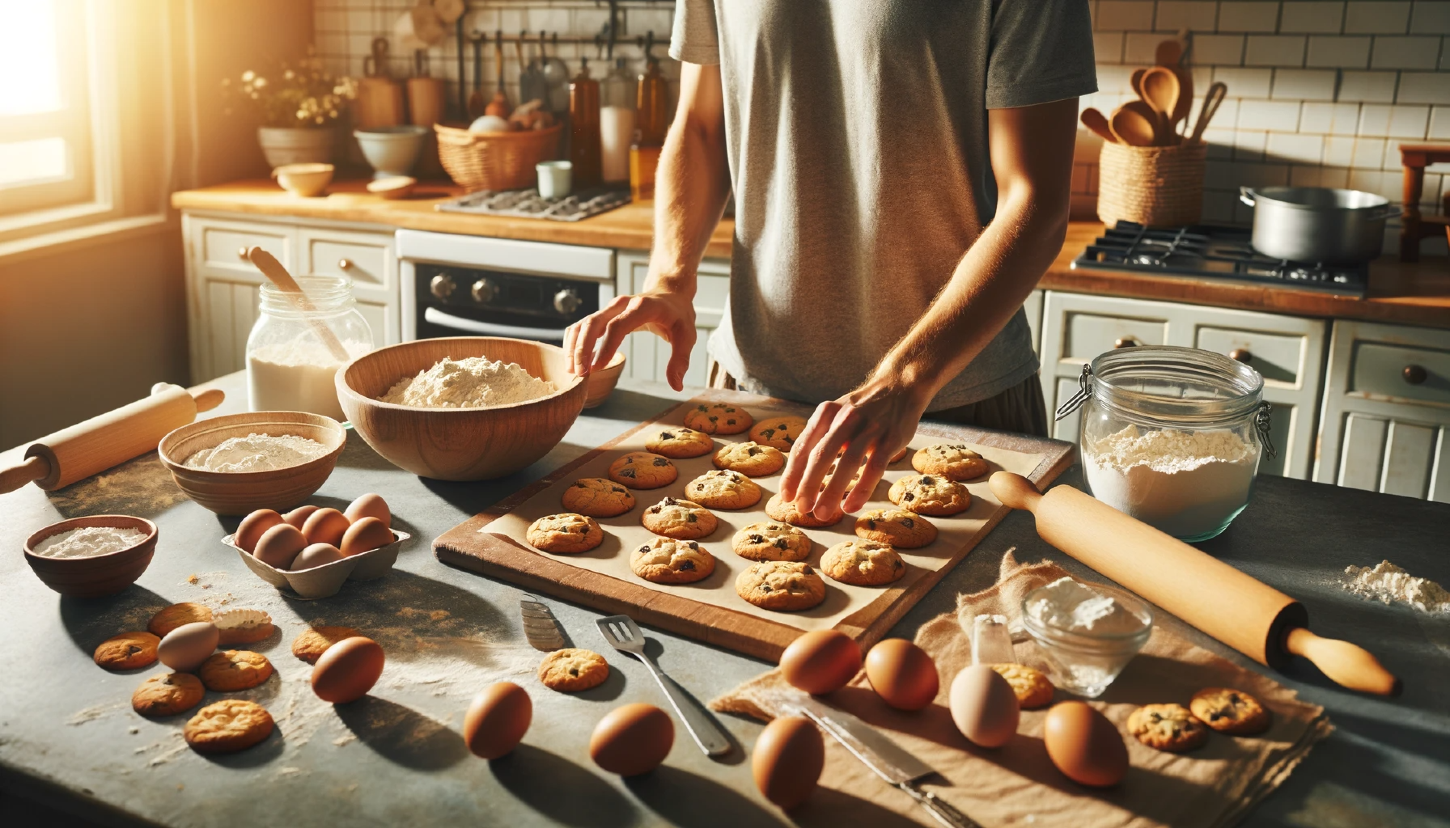 Foto de una persona colocando galletas recién horneadas en su encimera de cocina, junto a ingredientes y utensilios de cocina, para un blog de cocina casera