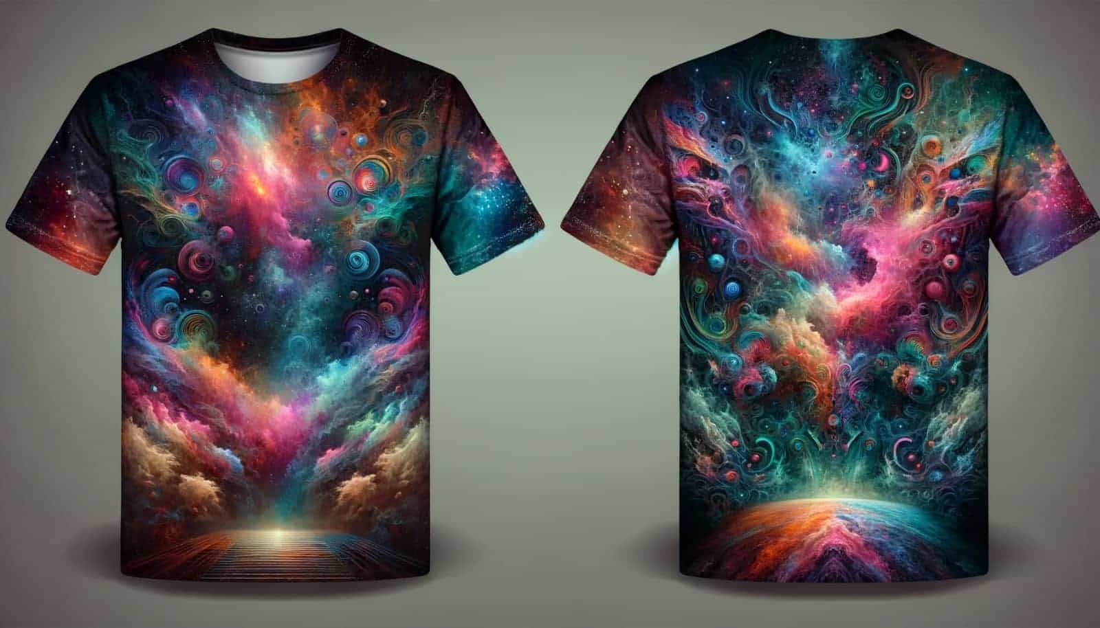 a side by side front and back of a t-shirt with a vibrant solar system-esque pint with a mix of cool and neon colors