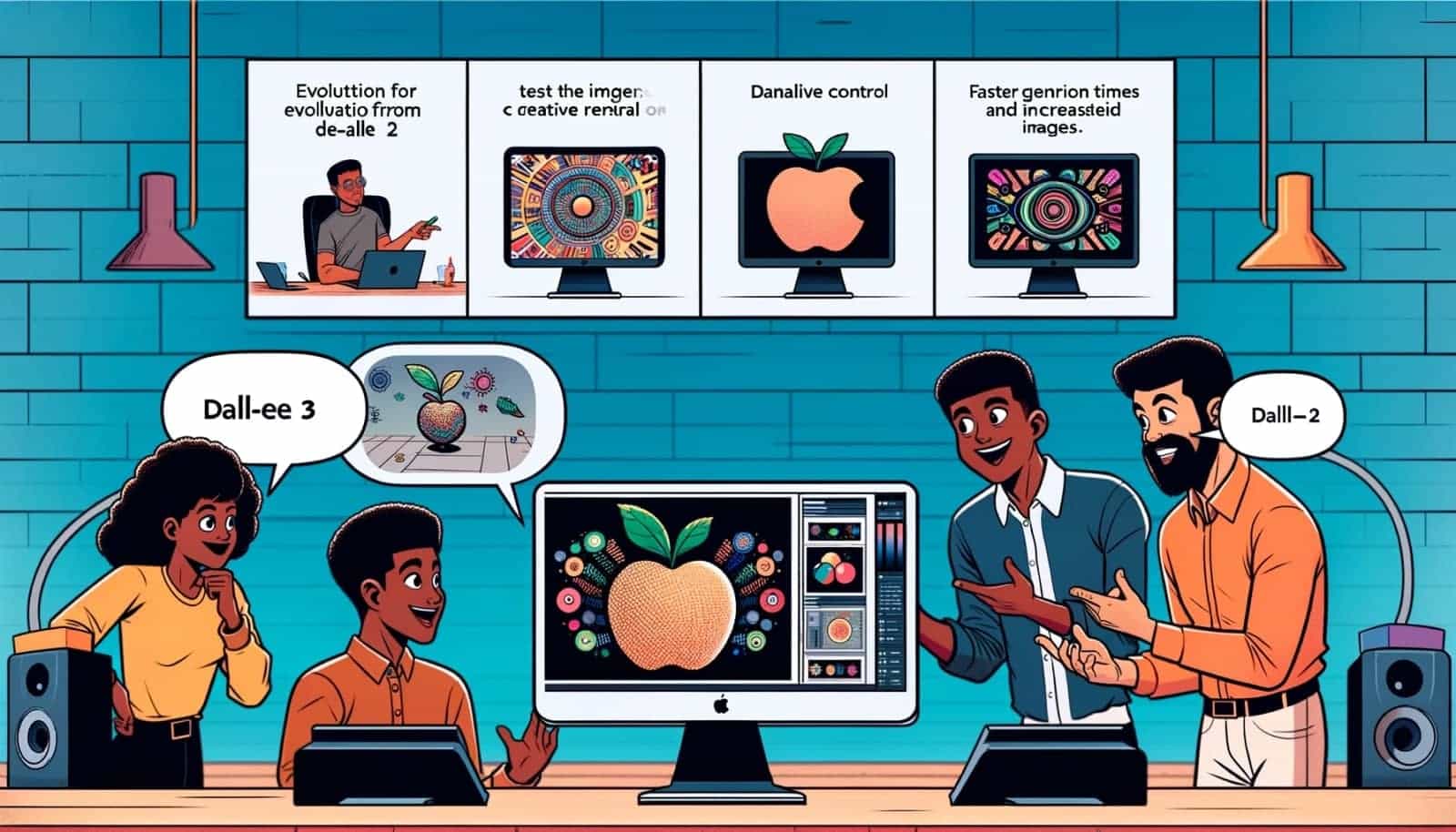 illustration of four people behind a desk with computers and stereo speakers. One woman has a word bubble saying "dall-ee 3" and a man has a word bubble saying "dalll-2"