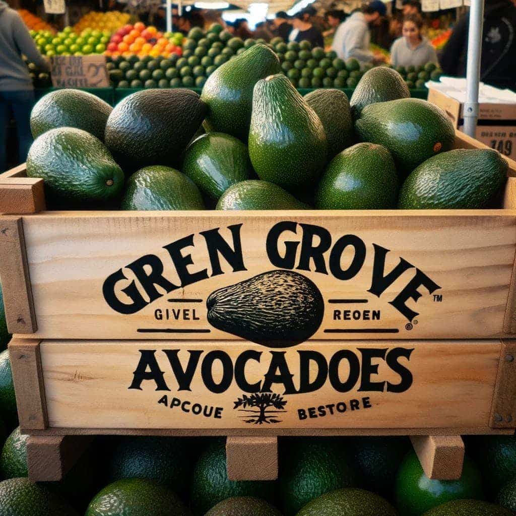a a close-up, photograph-like image of a crate reading "Gren Grove Avocadoes." The crate is on top of avocados and filled with avocados in the produce section of a market