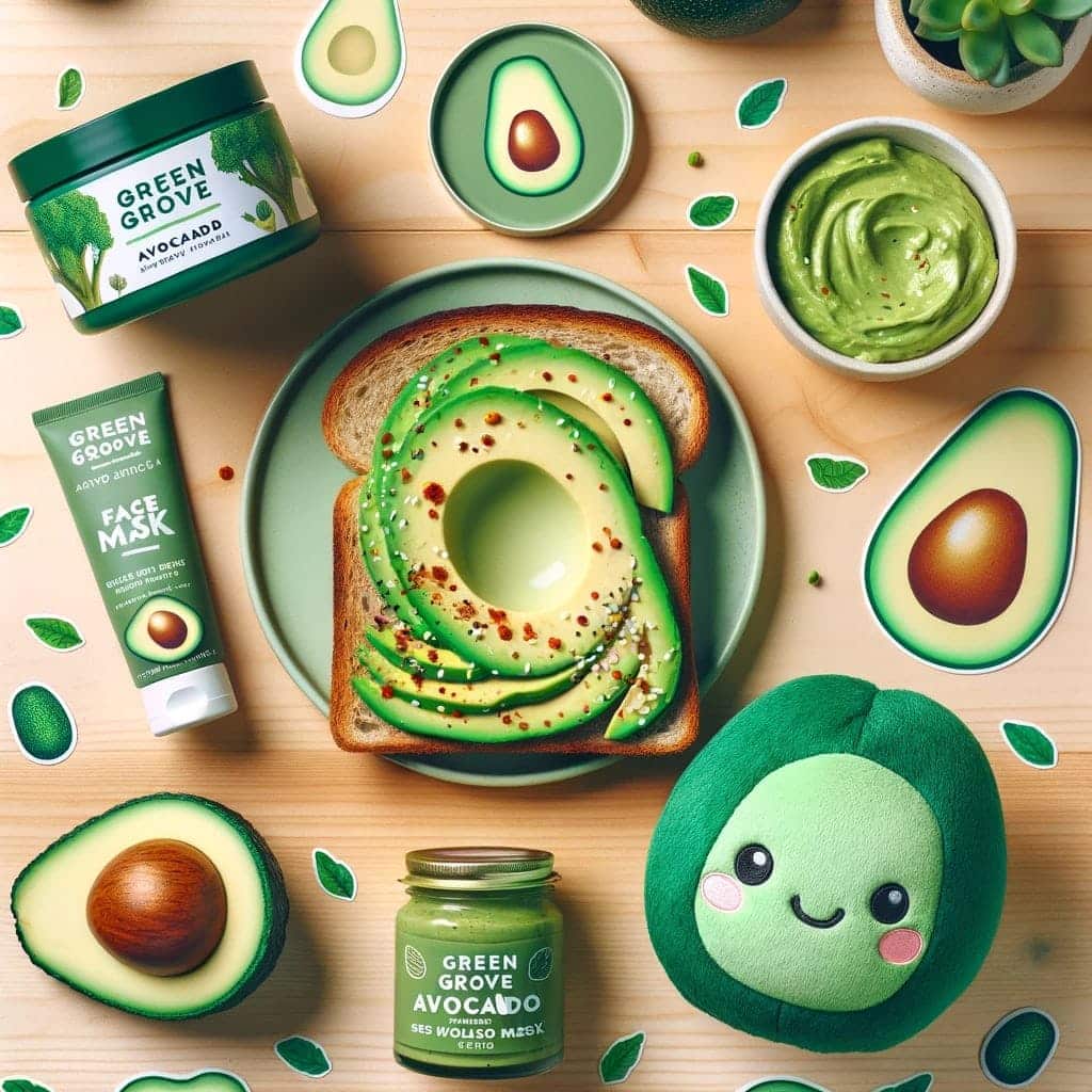 a table top birdseye view of a plate with avocado toast surrounded by avocadoes, an avocado plushie, face mask bottle, guacamole, and a lotion container