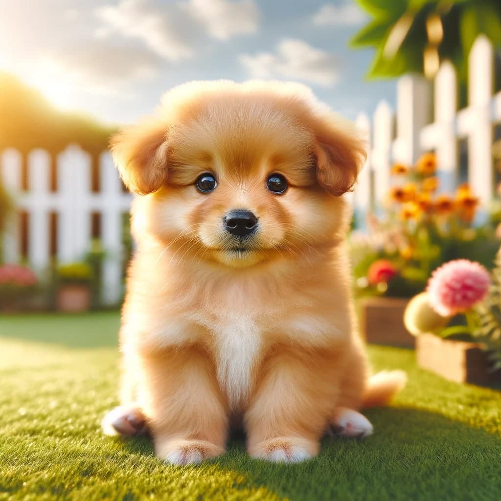 a bright and vibrant semi-illustrative, semi-photographic image of a very fluffy very cute golden puppy sitting on a lawn