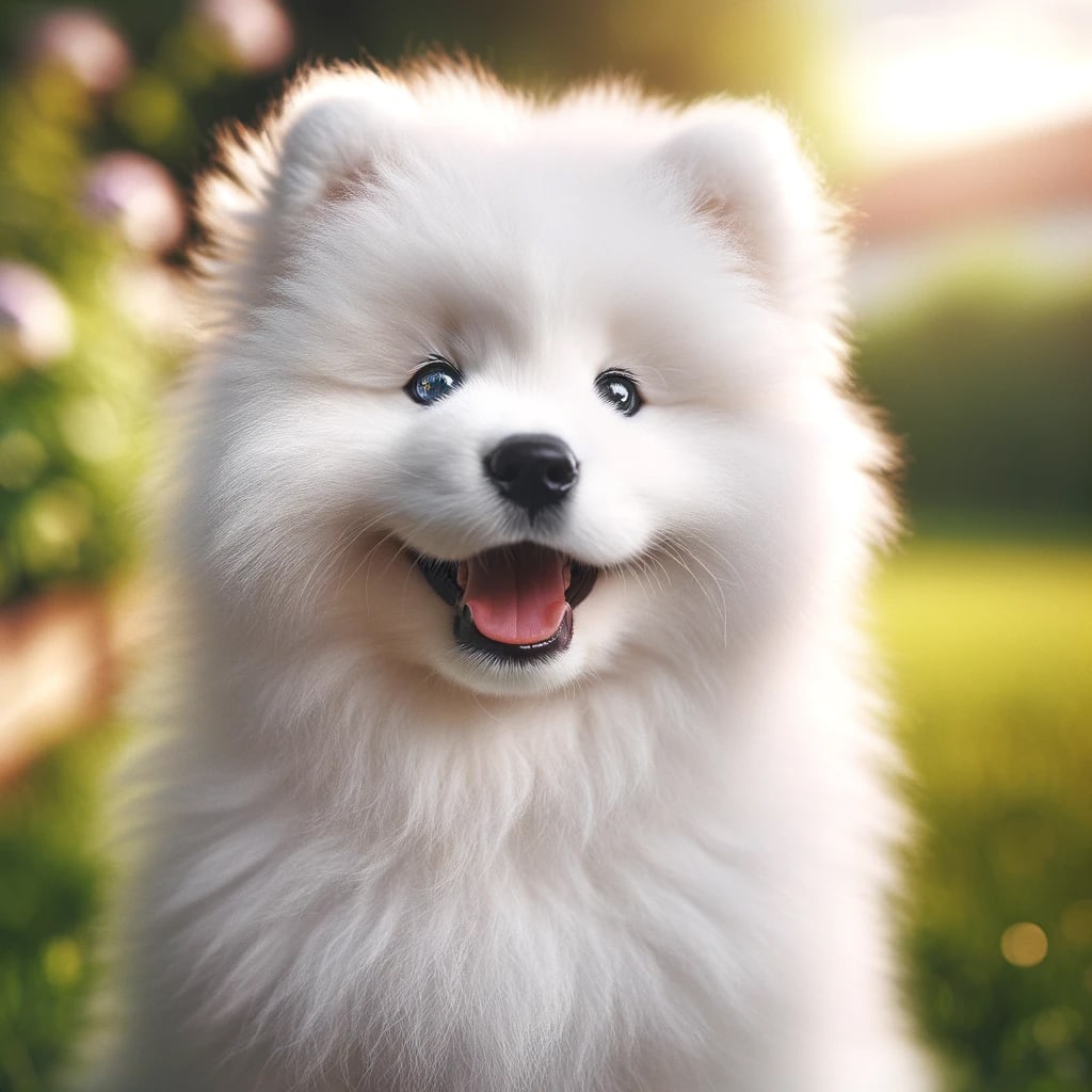 A more realistic, though still slightly cartoony version of a very happy white, blue-eyed Samoyed puppy with a blurred lawn background