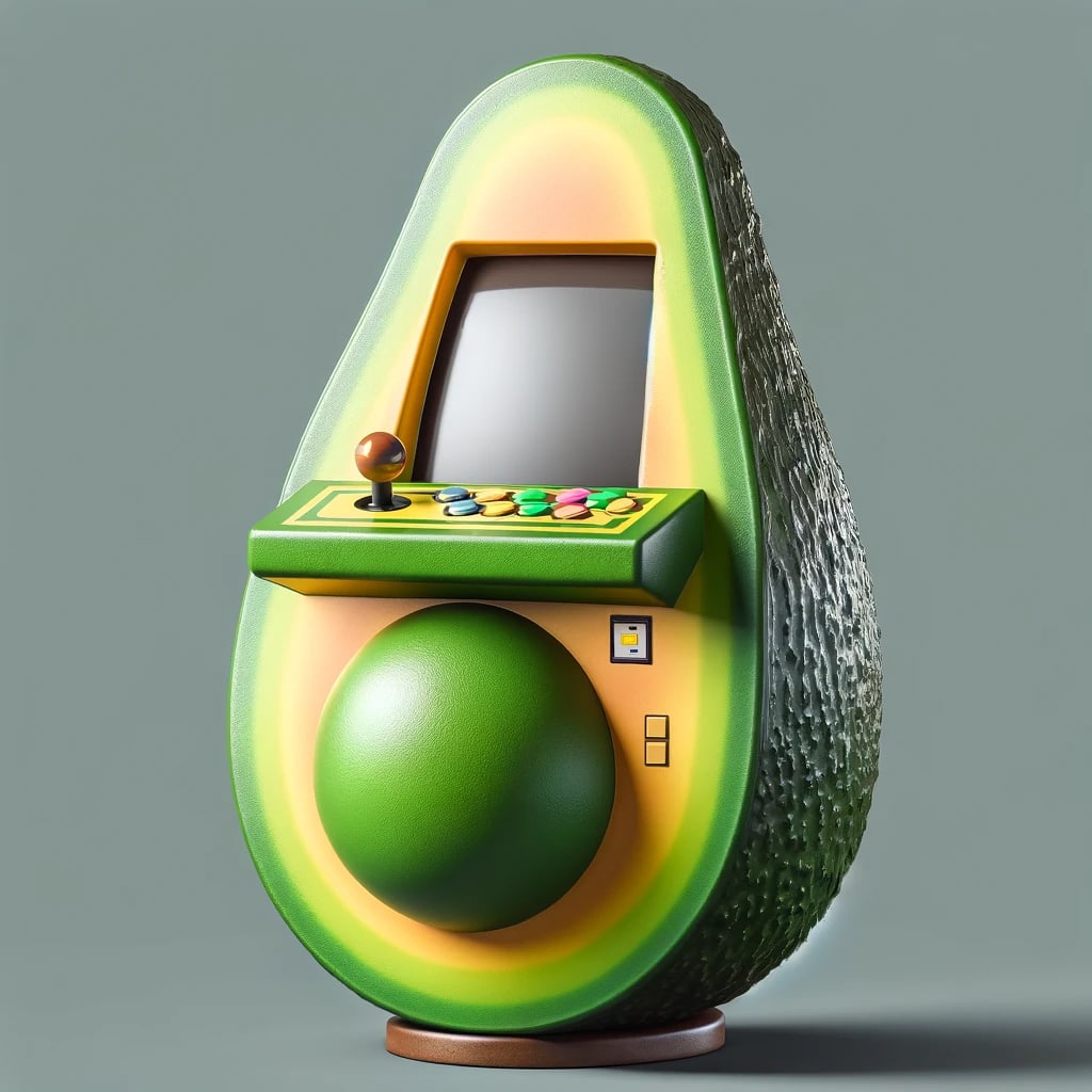 An arcade came in the shape of half an avocado with the pit in it, screen on top with arcade joystick and buttons directly underneath 