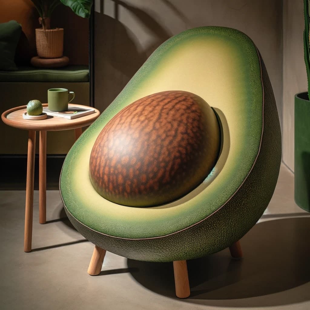 A chair-like item in the shape of half an avocado with the pit in it on four chair legs net to a coffee table with a coffe cup and avocado