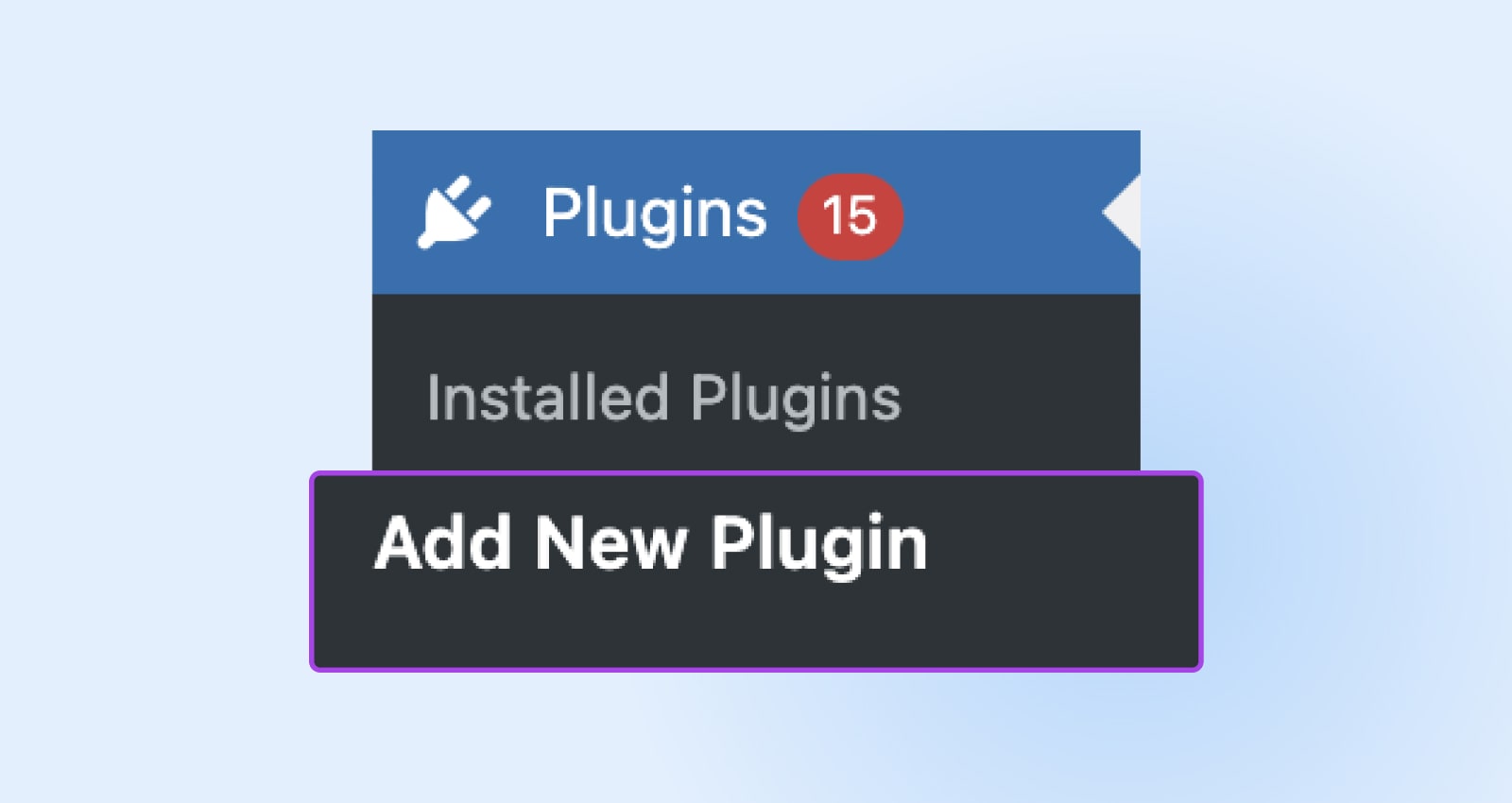 screenshot of the "plugins" dropdown in the WP menu showing "add new plugin" as the second option