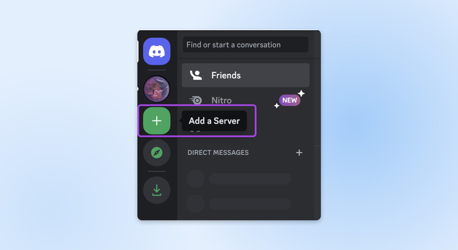 lefthand discord nav bar showing a green plus icon and the words "Add a Server" 