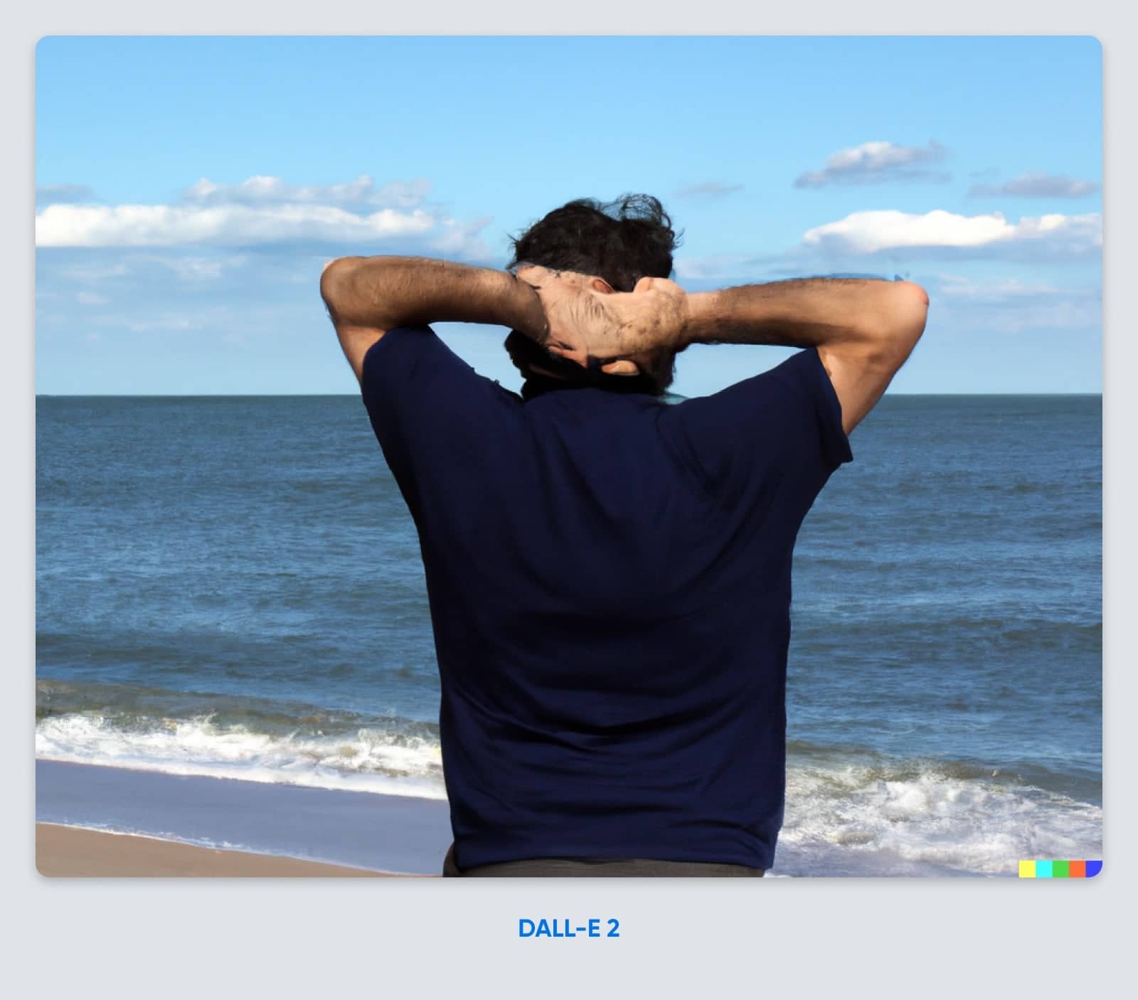 an image of a man looking out at the ocean with his arms behind his head but the hands are blurred and indistinguishable with no clear fingers