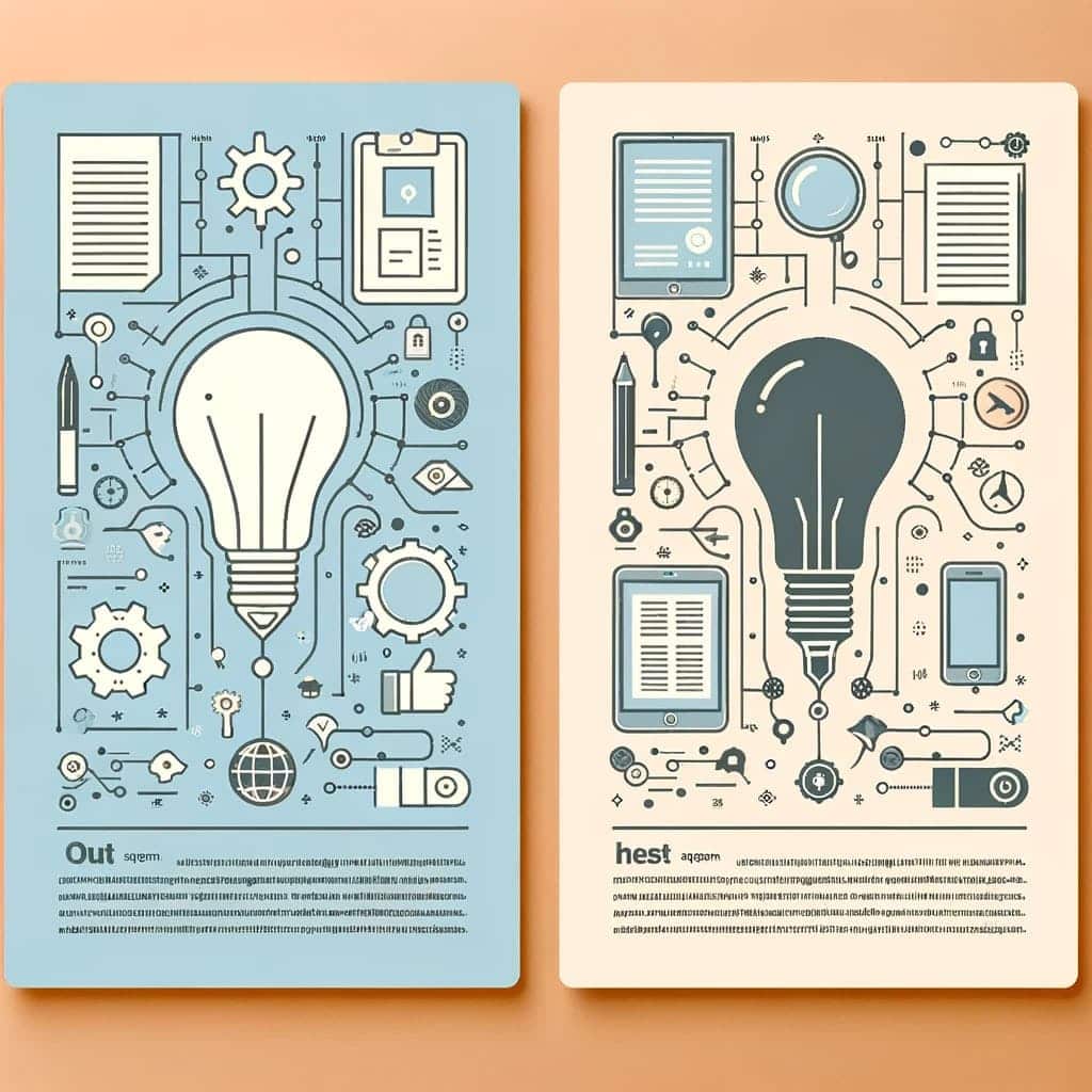 side by side similar but different graphics with a lightbulb as the primary focus surrounded by gears and a magnifying glass and phone in a similar color scheme