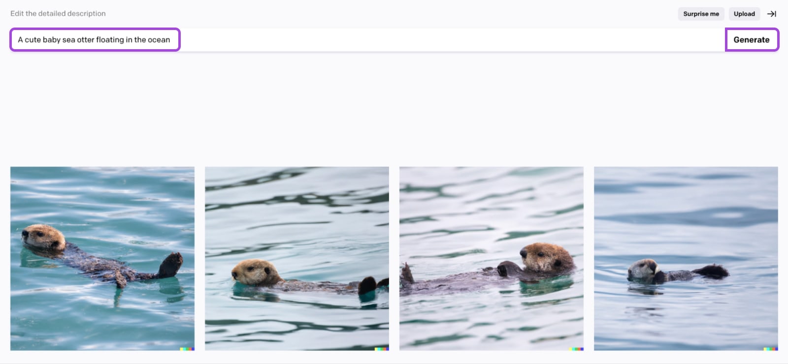 screenshot of dall-e output showing four images, each a slightly different angle of an otter in water