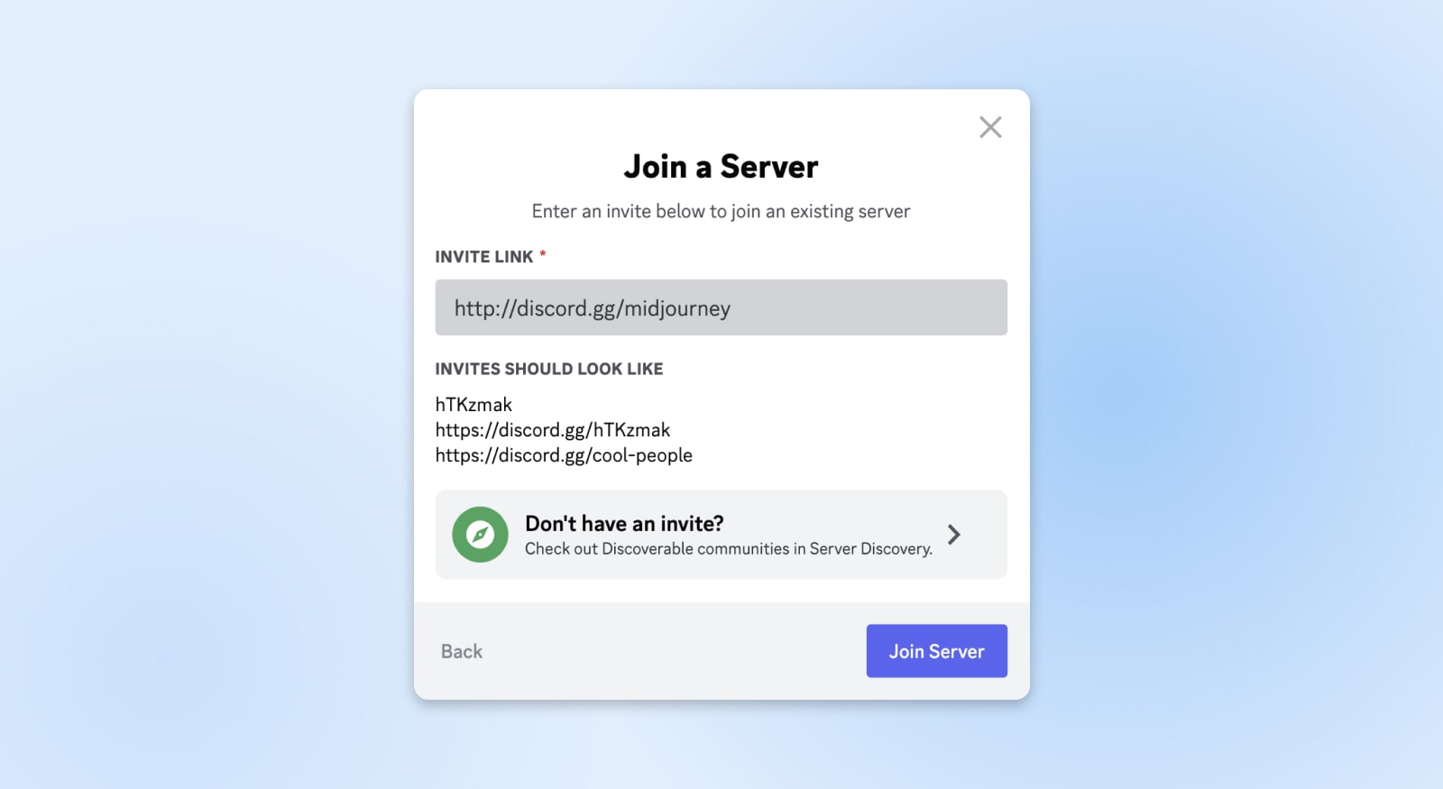 screenshot of Discord's "Join a Server" pop up