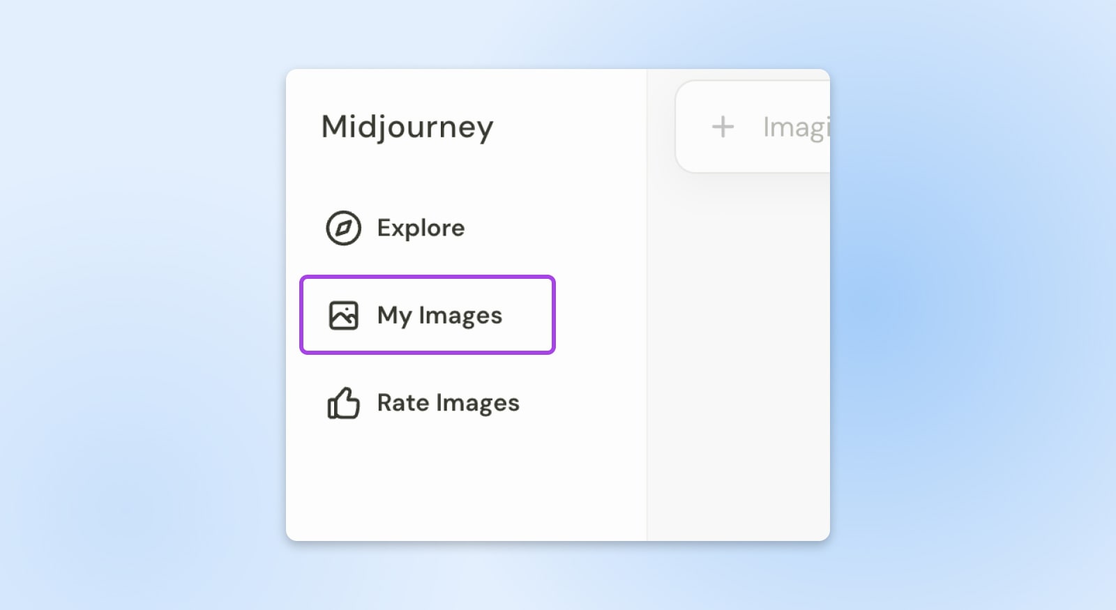 screenshot of "my images" in the midjourney menu, between "explore" and "rate images" 